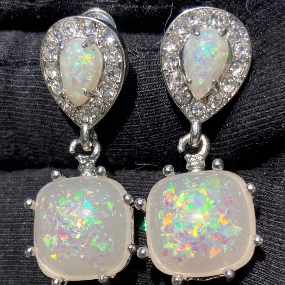 Genuine Fire Opal 925 Silver Earrings with simulated Diamonds - Picture 2 of 7
